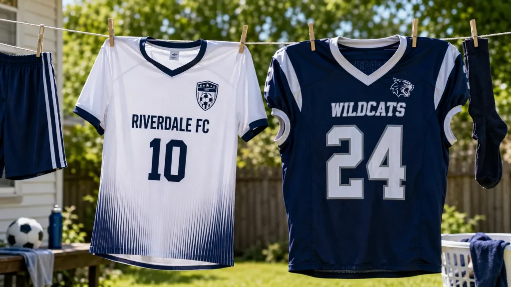 Soccer jersey and football jersey hanging to dry outdoors.