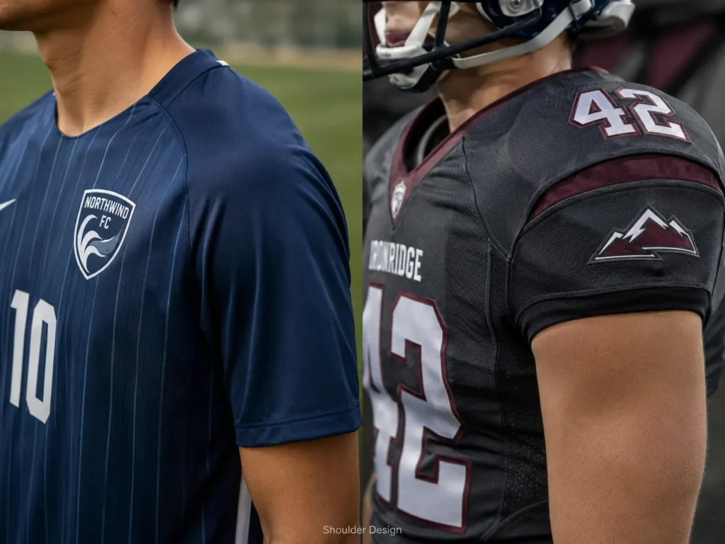 Close-up comparison of soccer jersey and football jersey shoulder designs.