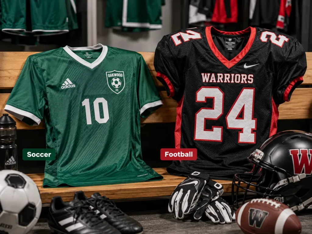 Soccer jersey and football jersey displayed together with sports equipment