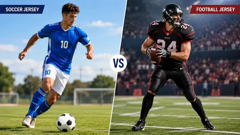 Soccer player and football player wearing different uniforms on the field.