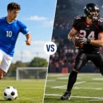 Soccer player and football player wearing different uniforms on the field.