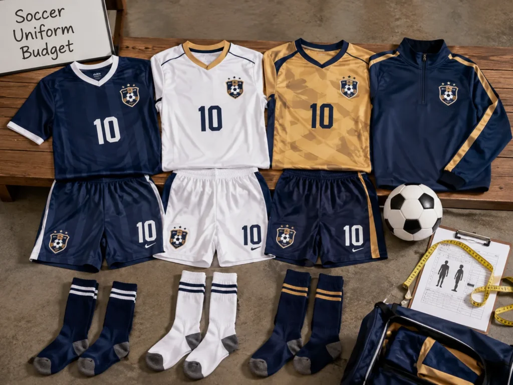 Soccer uniforms with jerseys, shorts, socks, and accessories displayed together.