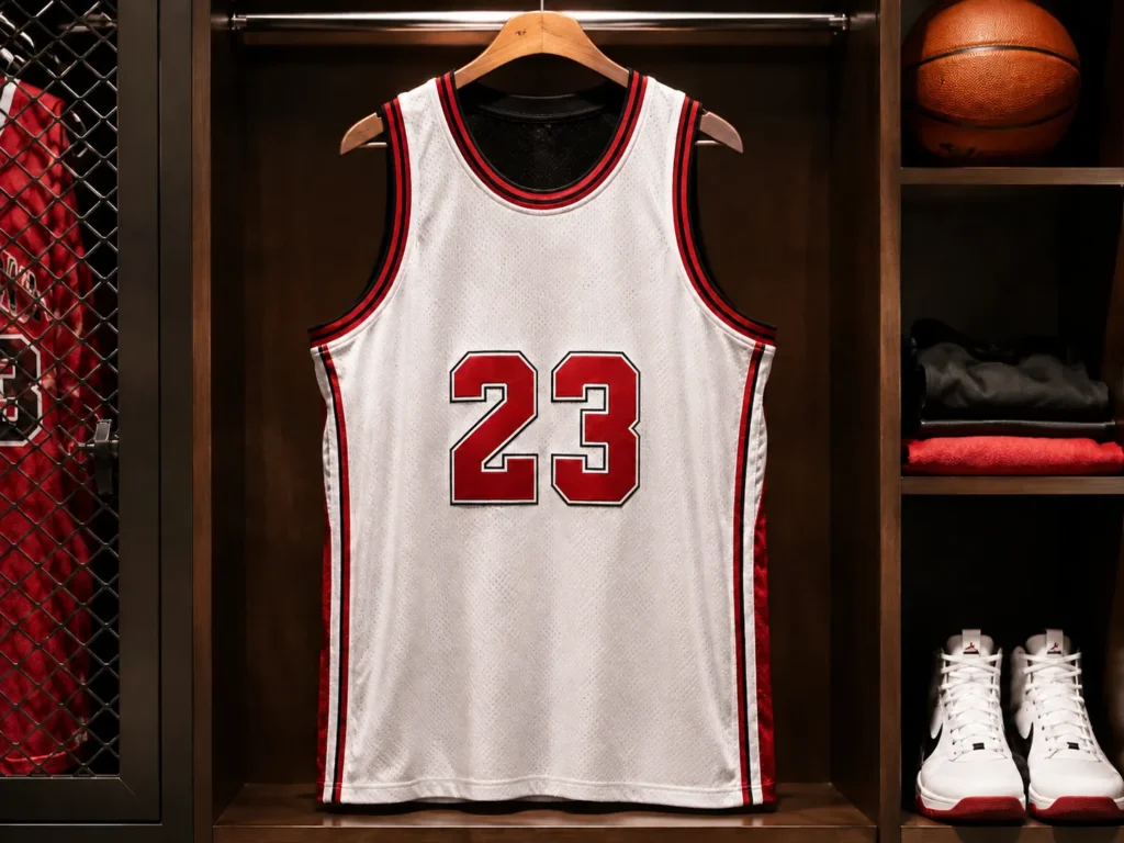 wingman basketball jersey displayed in a locker room with basketball gear.
