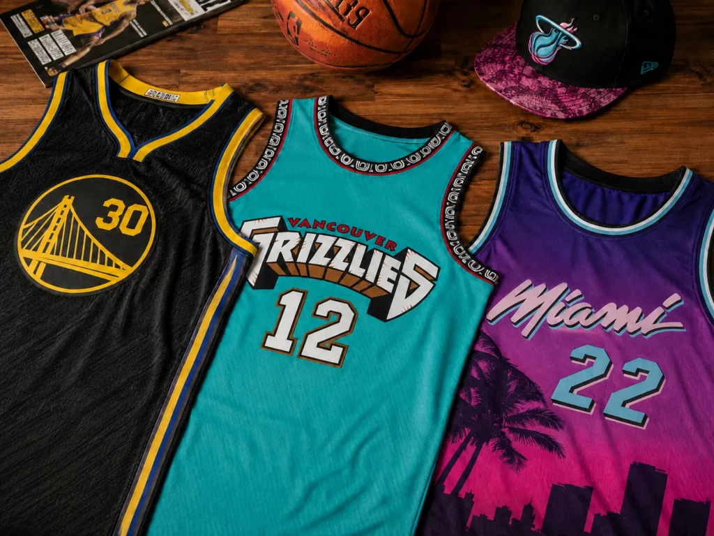 Collection of Swingman basketball jerseys with different team designs and colors.