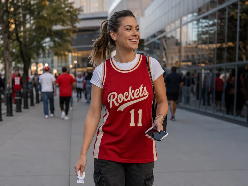 Basketball fan wearing a red Swingman jersey for a game day look.