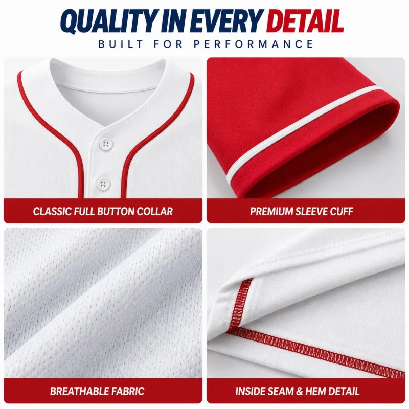 Custom Baseball Jerseys White and Red Details