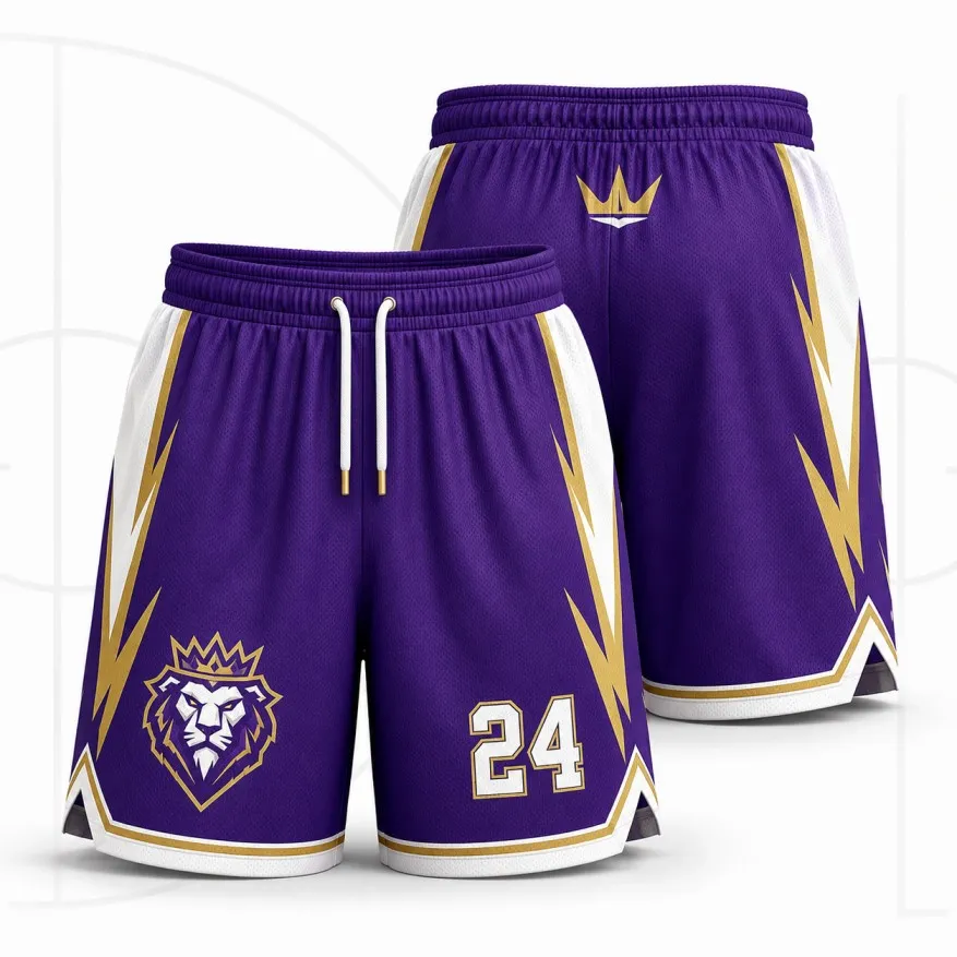 Purple custom basketball shorts shown from front and back with team logo and player number.