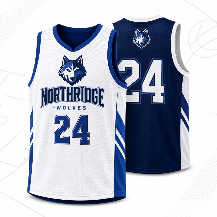 Blue and white reversible basketball jersey showing both sides of the uniform design.