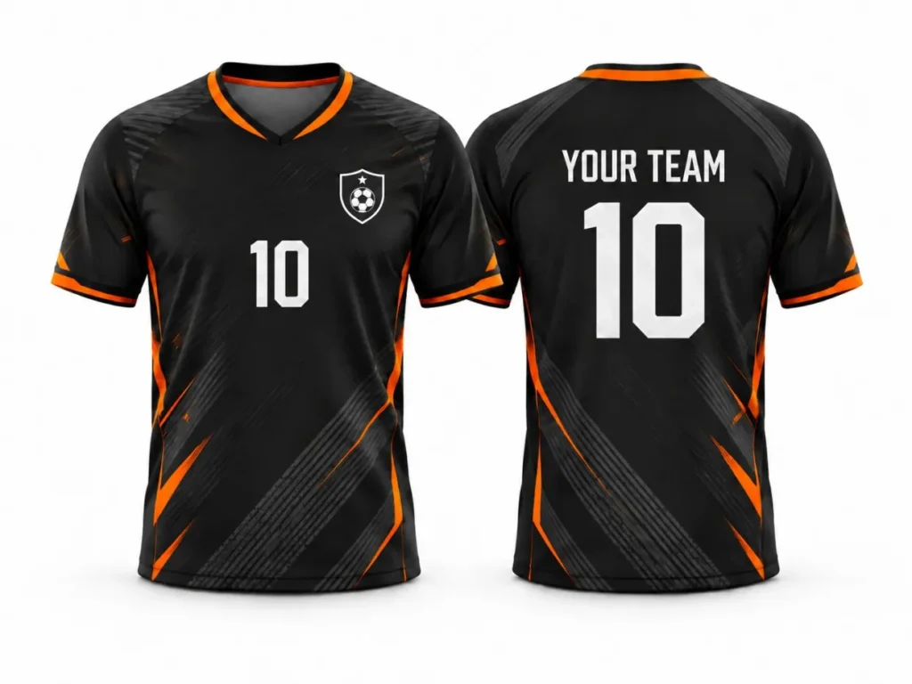 orange.jpgBlack custom soccer jersey with orange trim shown from the front and back.