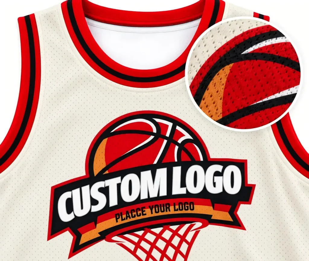Close-up of a custom sublimated basketball jersey showing a full-color printed logo on mesh fabric.