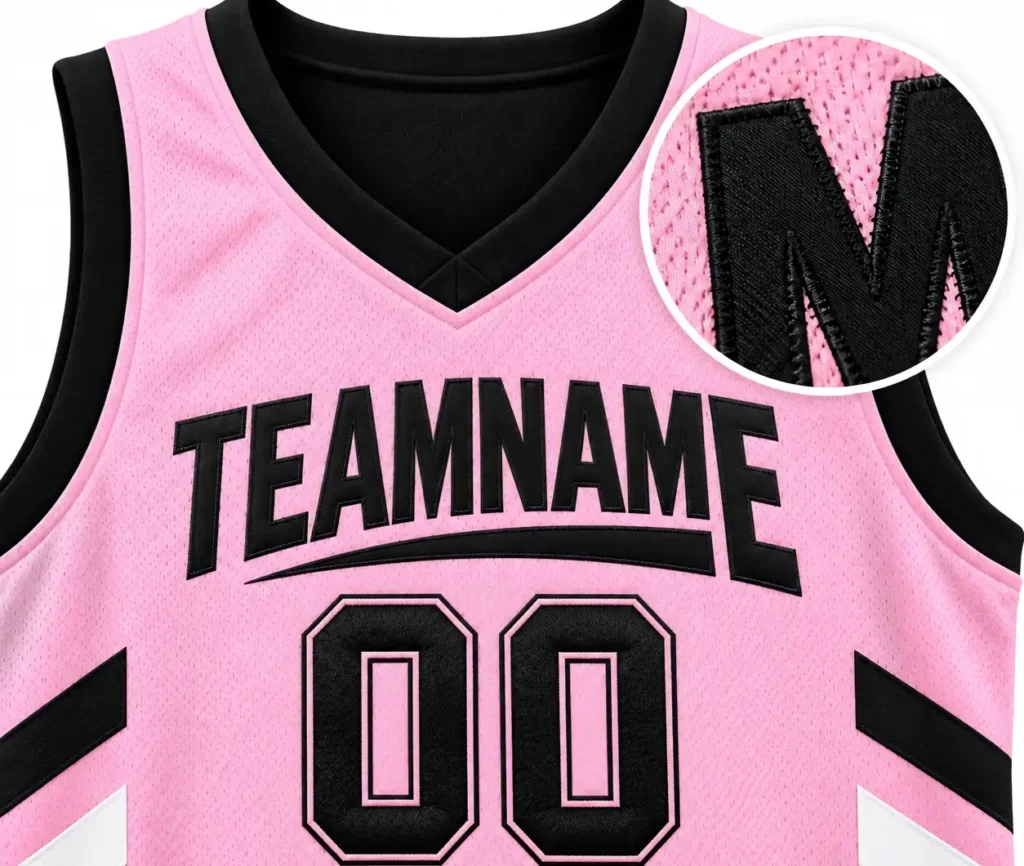 Close-up of a custom basketball jersey with stitched tackle twill team name and number details.