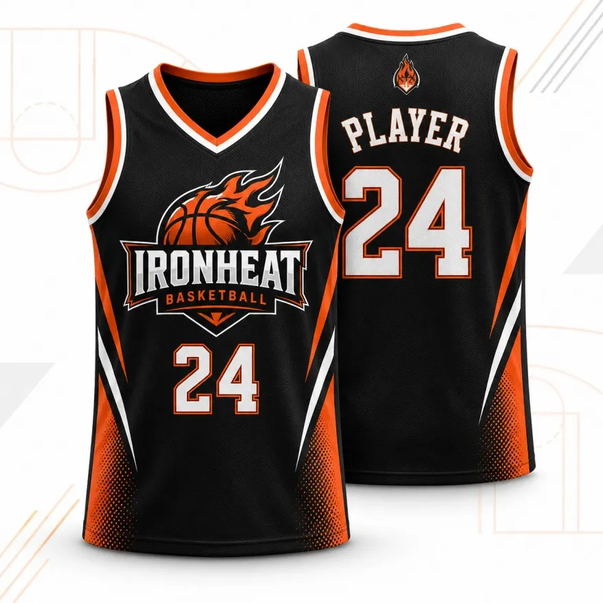 Black and orange custom basketball jersey shown from front and back with team logo and player number.
