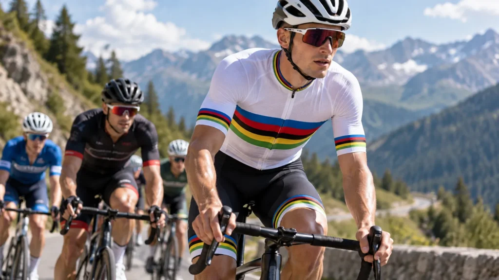 Cyclist wearing a Rainbow cycling jersey while riding on a mountain road.