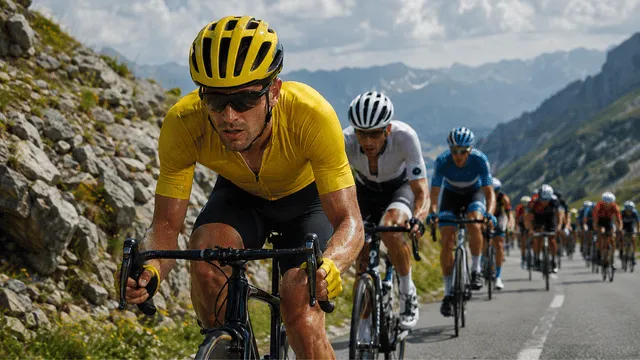 Cyclists wearing Yellow cycling jerseys during a mountain road race.