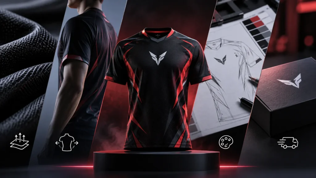Black and red custom esports jersey shown with fabric, fit, design sketch, and color details.