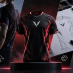 Black and red custom esports jersey shown with fabric, fit, design sketch, and color details.