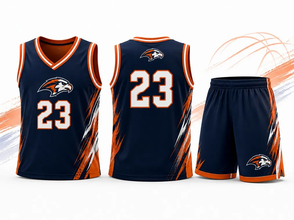 Custom basketball jersey set with matching shorts featuring team logo and player number.