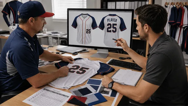 Two people reviewing a custom baseball jersey design, colors, and player number.