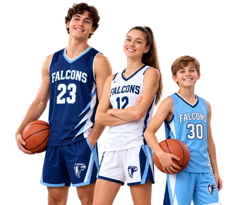 Three basketball players wearing blue and white custom basketball jerseys with basketballs.