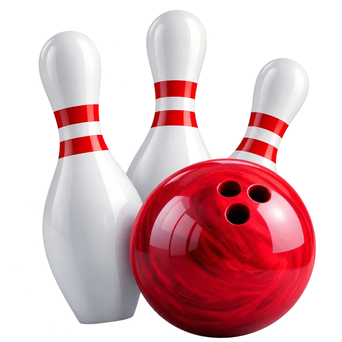 Red bowling ball with three white bowling pins.