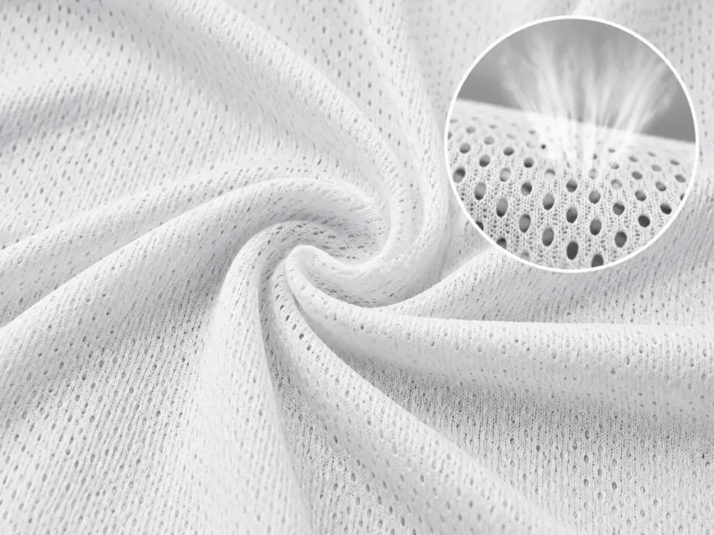Close-up of white mesh fabric with breathable holes and an enlarged detail of the material.