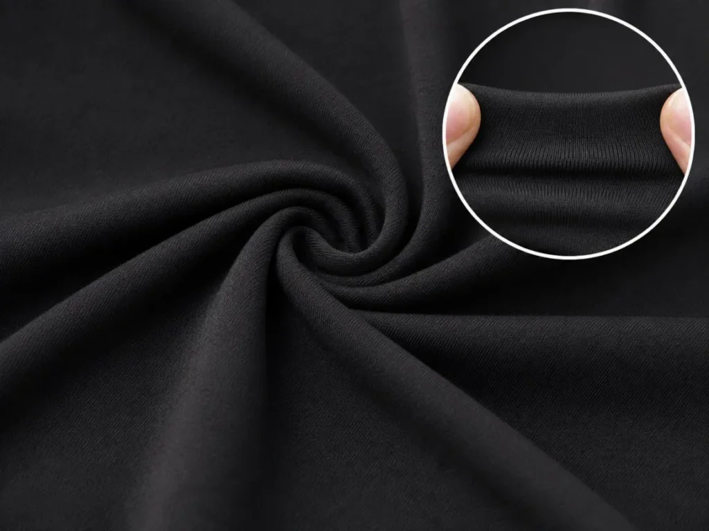 Close-up of black poly-spandex stretch knit fabric with a detail view showing the fabric stretching.