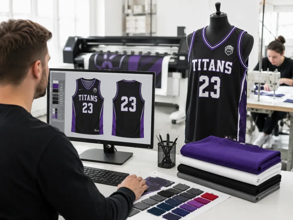Designer reviewing a custom basketball jersey on a computer beside a sample jersey, fabric swatches, and production equipment.