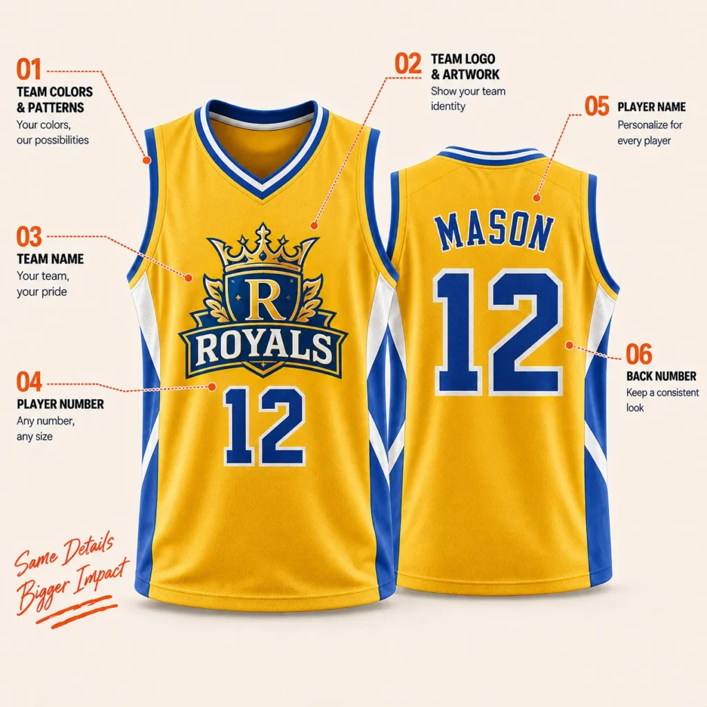 Yellow custom basketball jersey showing front and back design details including logo, team name, player number, and name.