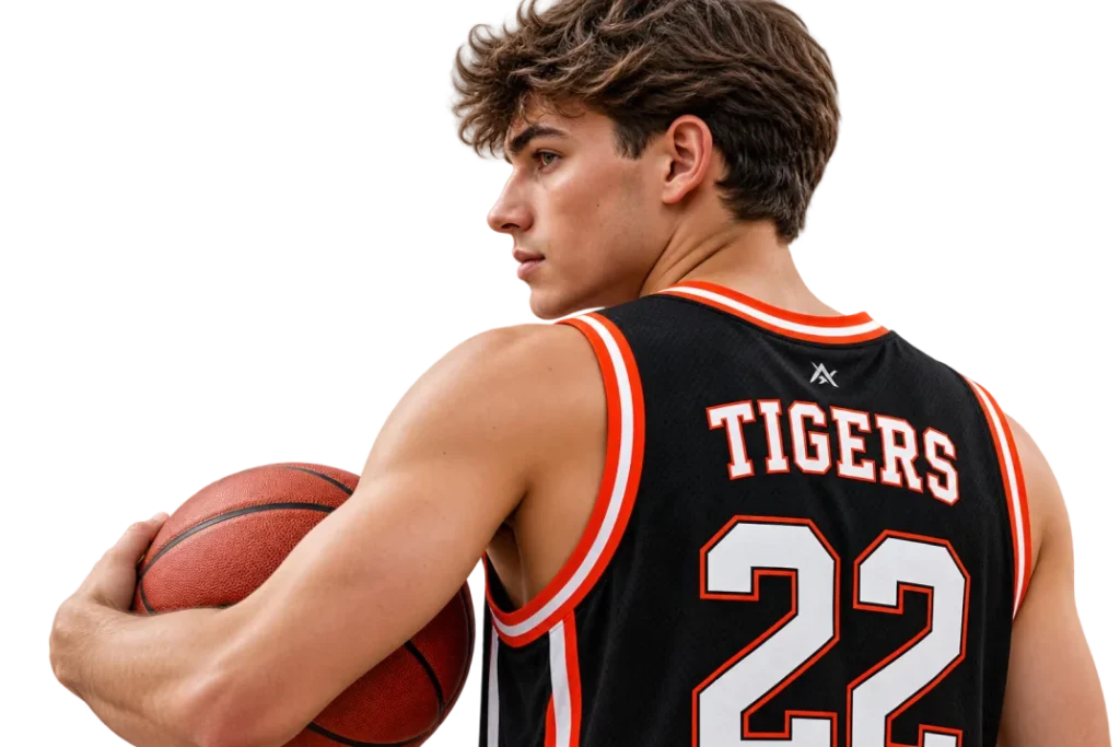 Basketball player holding a basketball and showing the back of a black jersey with name and number.