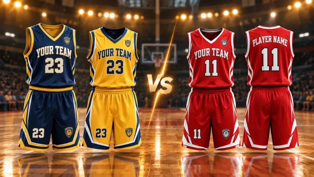Custom basketball jersey uniforms in different team colors displayed on a basketball court.