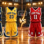 Custom basketball jersey uniforms in different team colors displayed on a basketball court.