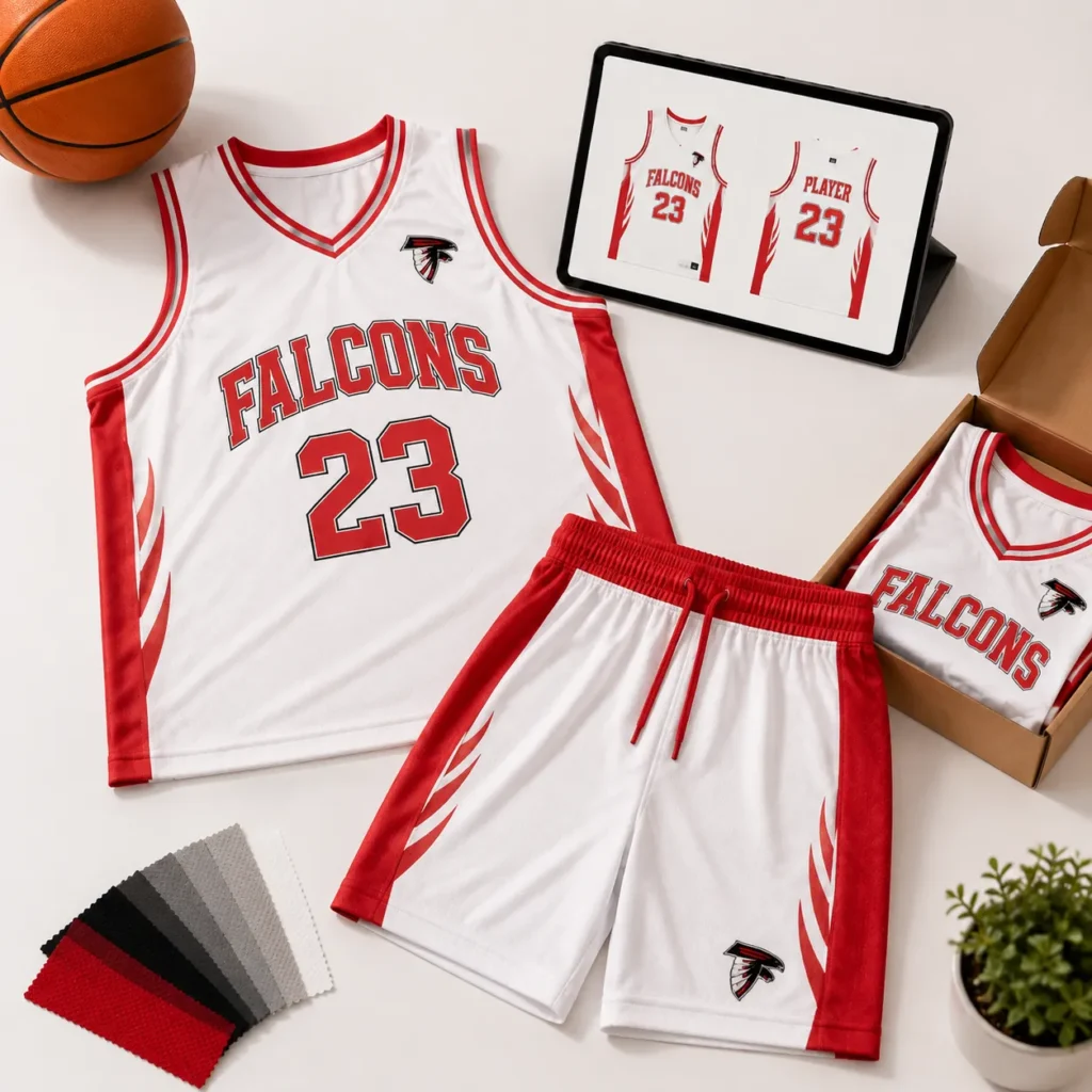 Flat lay of a custom basketball jersey and shorts set with a design mockup on a tablet, packaged jersey, and fabric swatches.