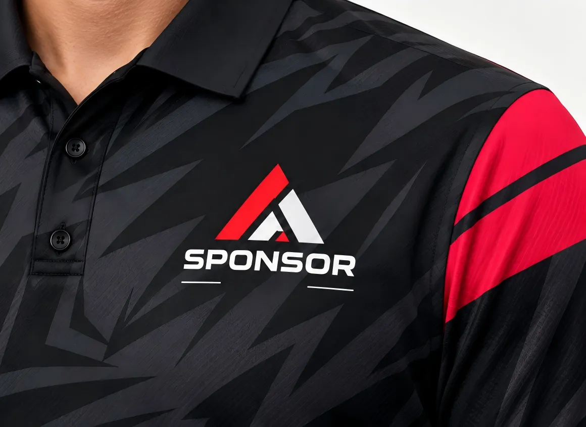 Close-up of a sponsor logo printed on the chest of a custom bowling polo jersey.