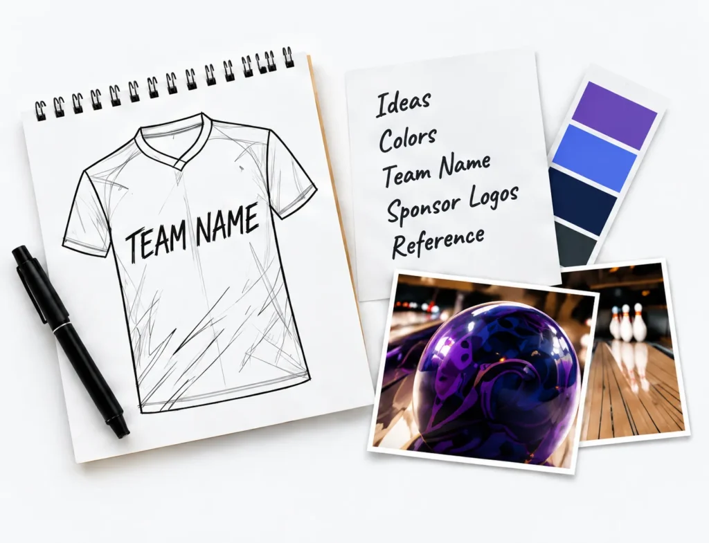 Bowling jersey design ideas with sketches, color references, and bowling inspiration images.