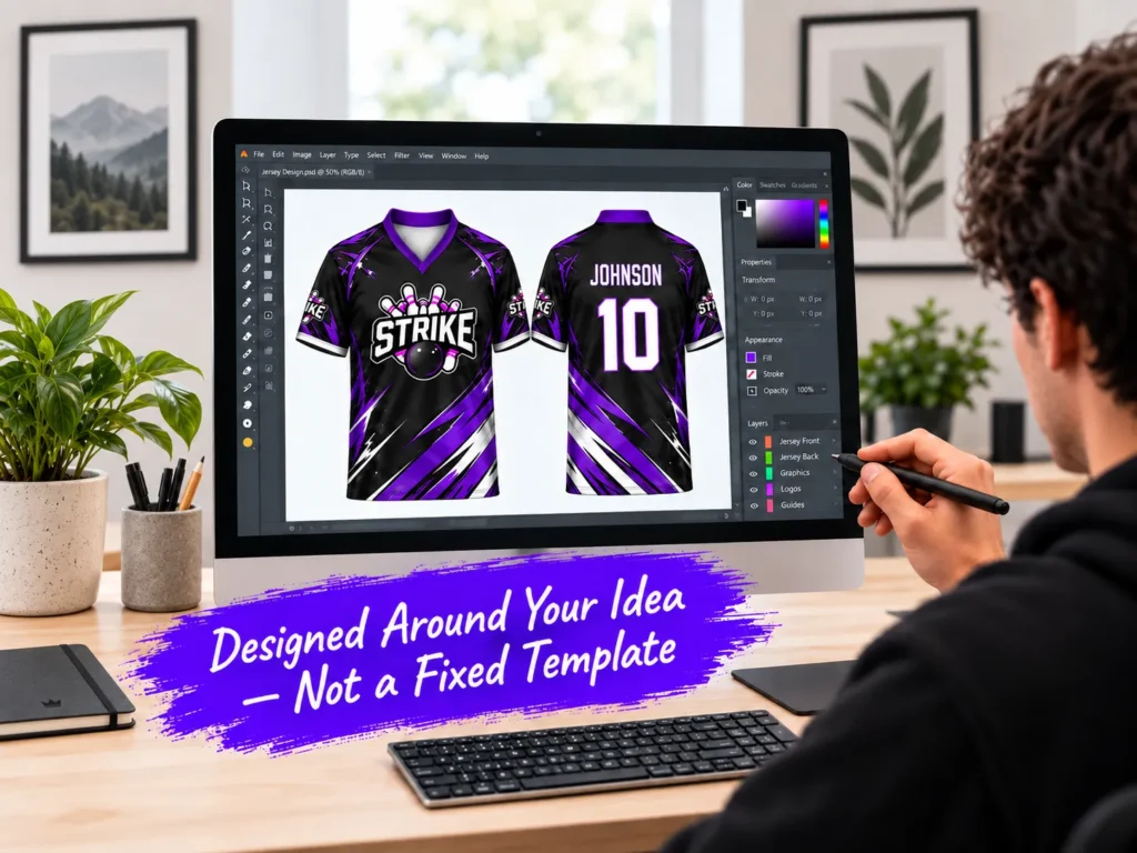Designer creating a custom bowling jersey design with personalized team graphics and colors.