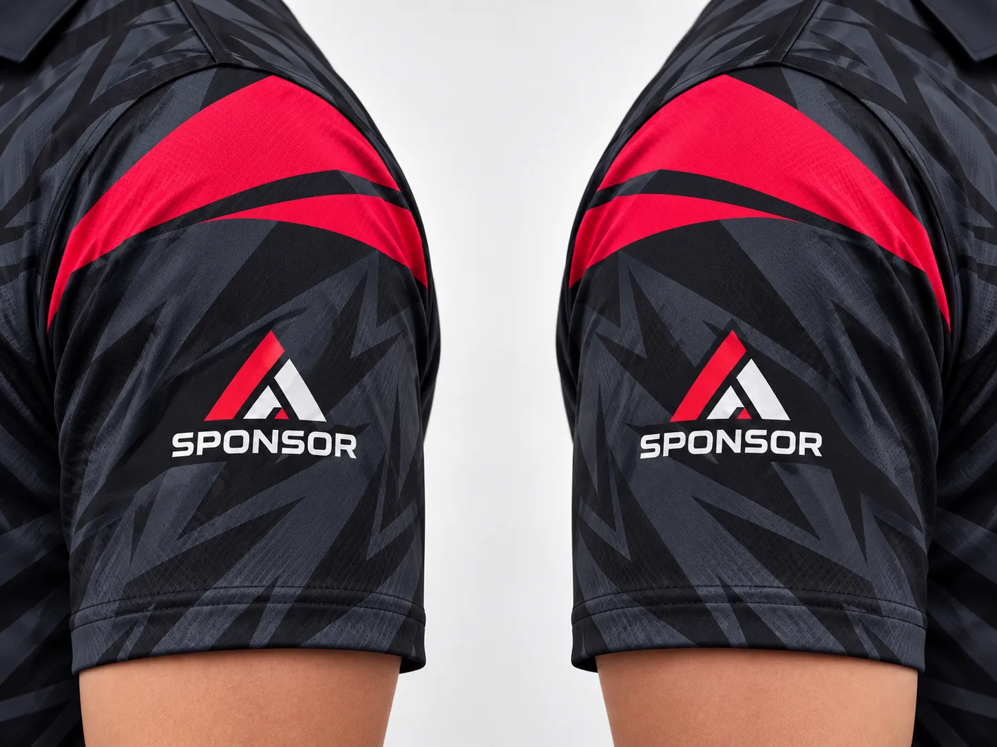 Close-up view of sponsor logo placement on the sleeve of a custom bowling jersey.