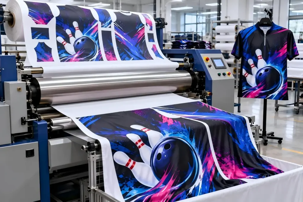 Sublimation printing process for custom bowling jerseys with colorful full-body graphics.