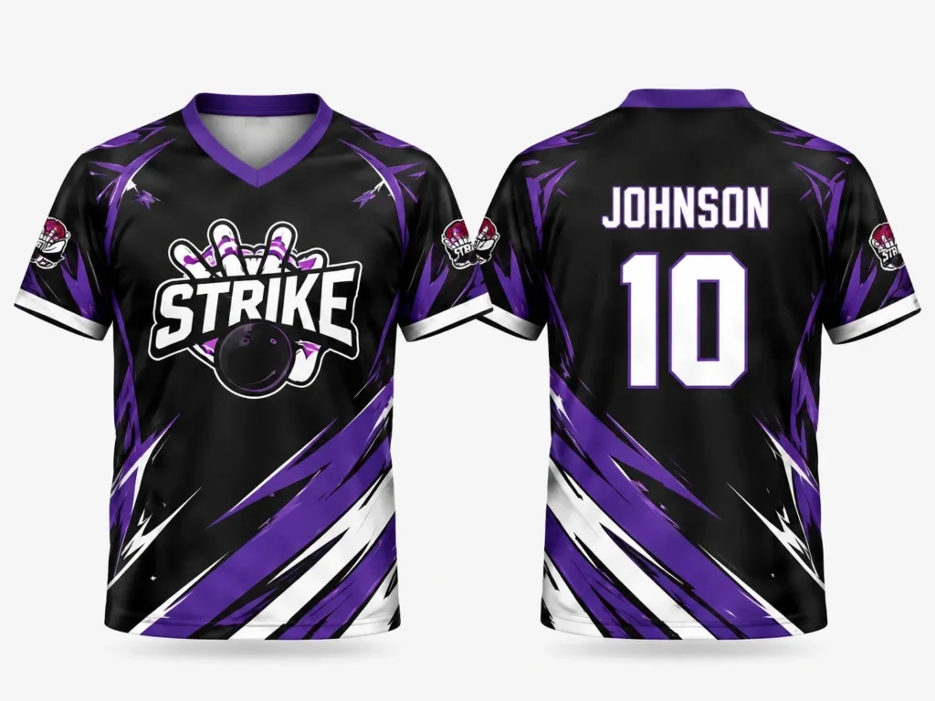 Front and back view of custom bowling jerseys with personalized names, numbers, and sublimated graphics.