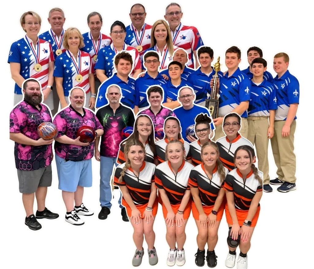 Bowling teams wearing custom bowling jerseys and holding bowling balls and a trophy.