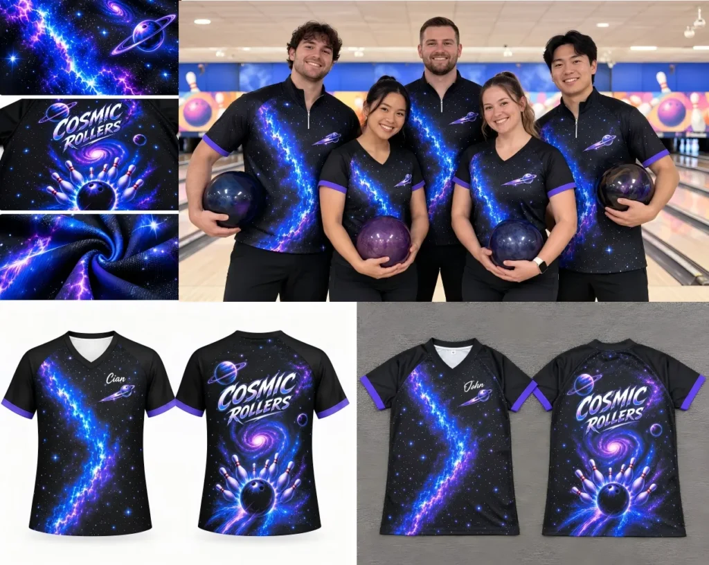 Bowling team wearing custom jerseys with unique full-color designs and personalized graphics.