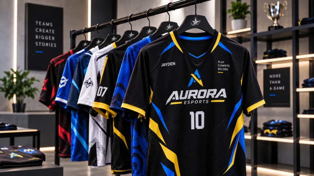 Multiple custom esports jerseys displayed on a clothing rack in different team colors.