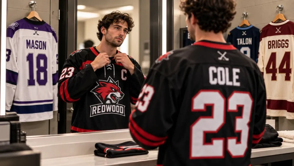 Hockey player wearing a personalized custom hockey jersey with name and number in a locker room.