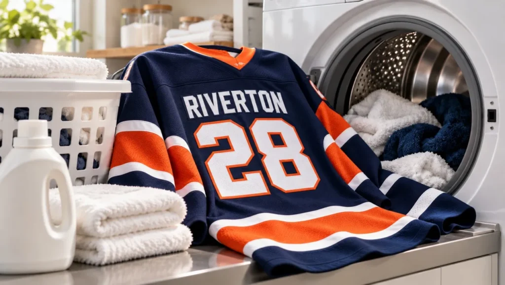 Custom hockey jersey placed beside a washing machine for jersey washing and care.