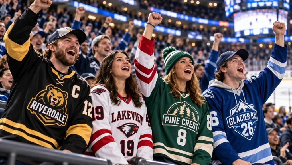 Fans cheering in an arena while wearing custom hockey jerseys in different team colors.