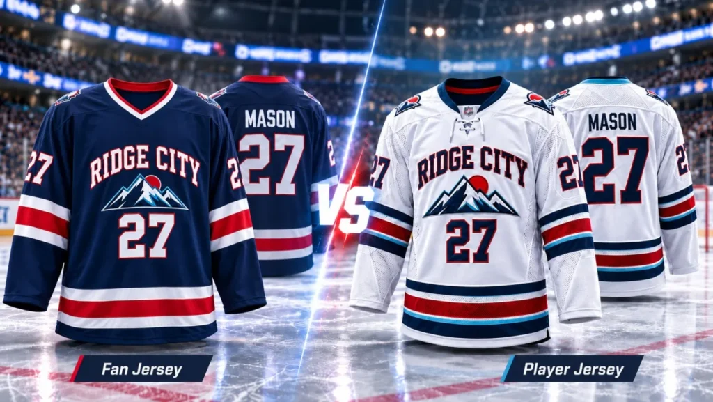 Fan hockey jersey and player hockey jersey comparison with custom team graphics and numbers.