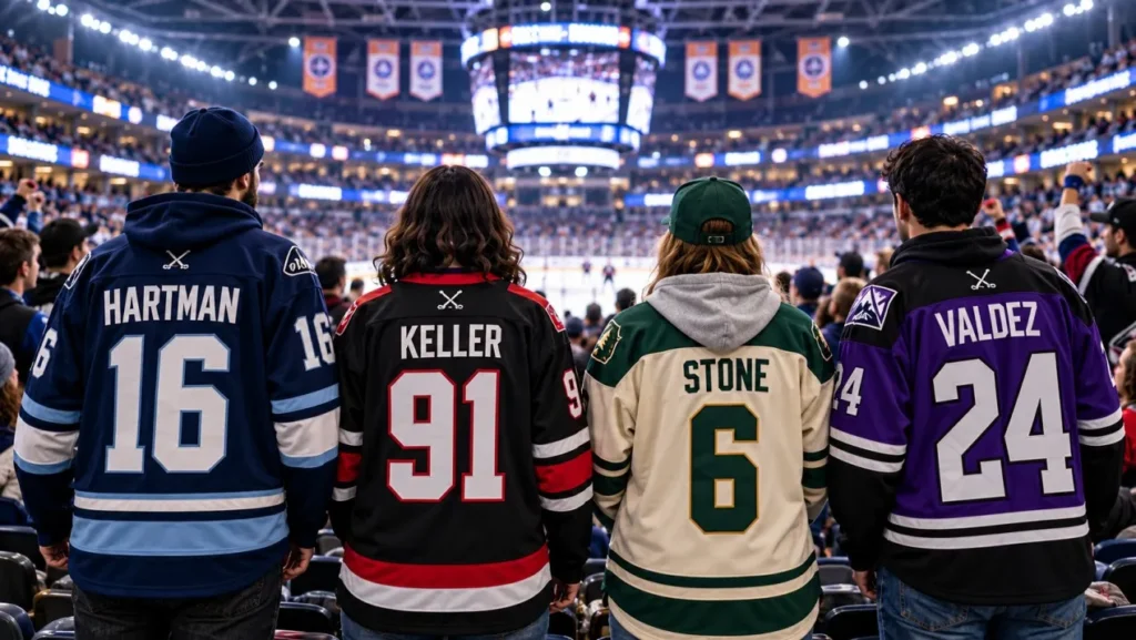 Hockey fans wearing custom hockey jerseys with personalized names and numbers in an arena.
