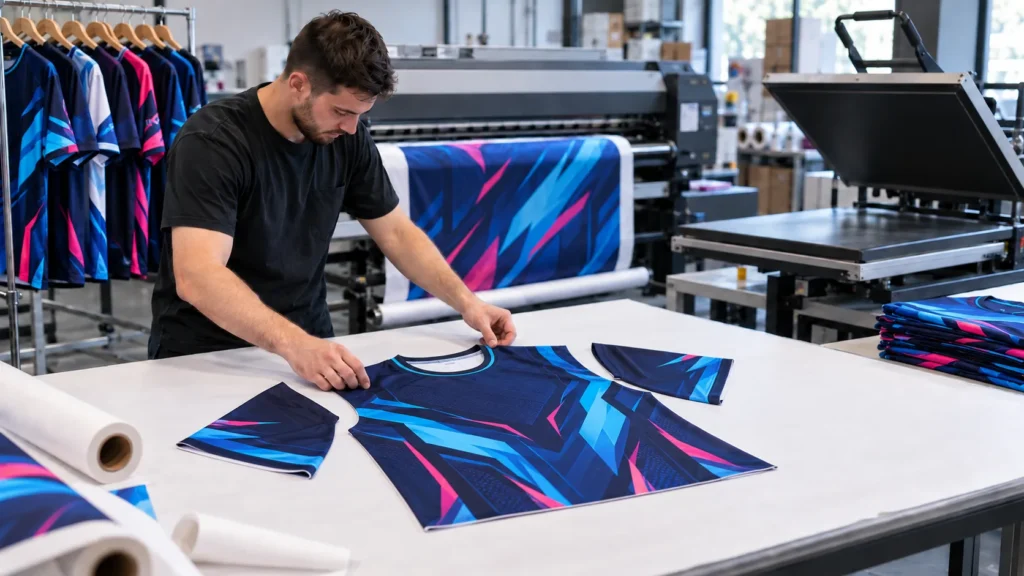 Worker preparing printed fabric pieces for custom esports jersey production.