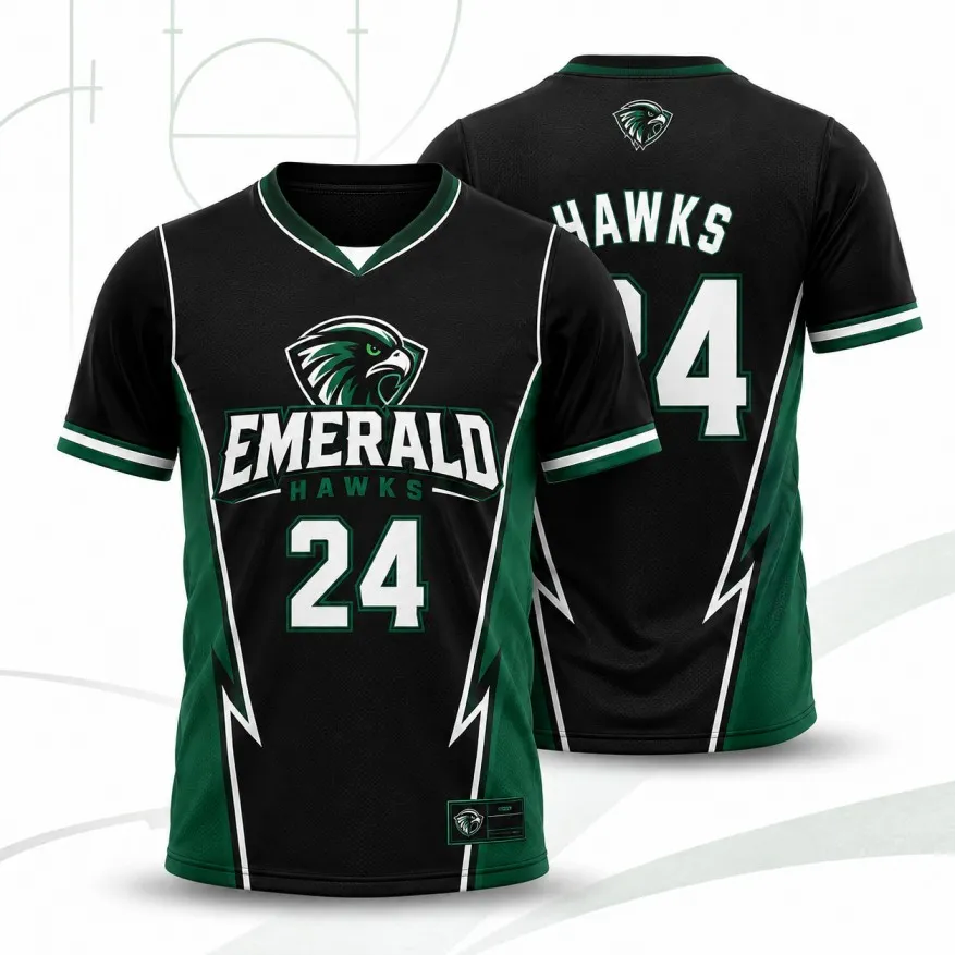 Black and green short sleeve basketball jerseys shown from front and back with team name and number.