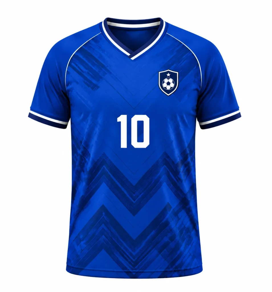 Blue custom soccer jersey with V-neck, team crest, and number 10.