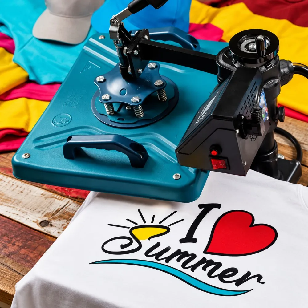 Digital printing machine applying a colorful design to a custom soccer jersey.